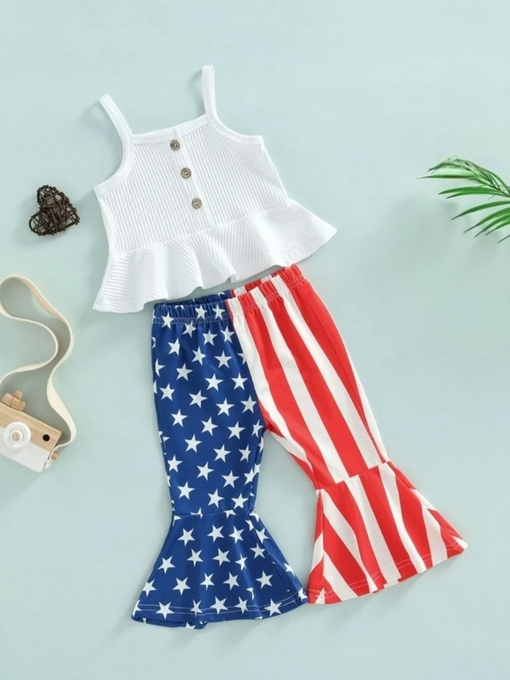 Baby Girl Patriotic Bell Bottom Outfit Stars & Stripe 4th of July Boho Set 9-12M